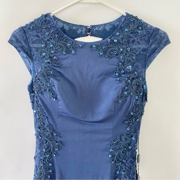NWT Lace Embellished Beads Trumpet Mermaid Sweep Train Evening Dress Blue 4 - Picture 5 of 11